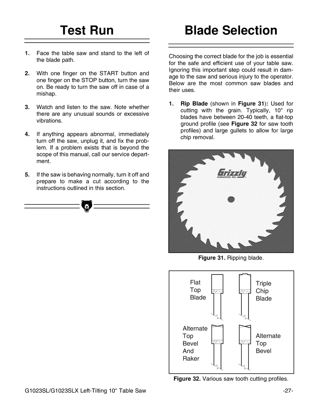 Grizzly G1023SLX, G1023SLWX instruction manual Test Run, Blade Selection 