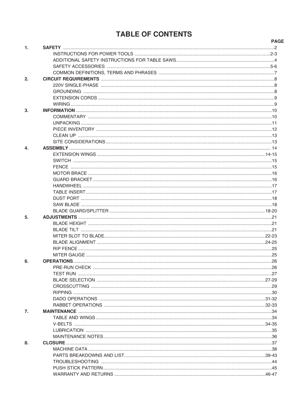 Grizzly G1023SLX, G1023SLWX instruction manual Table of Contents 