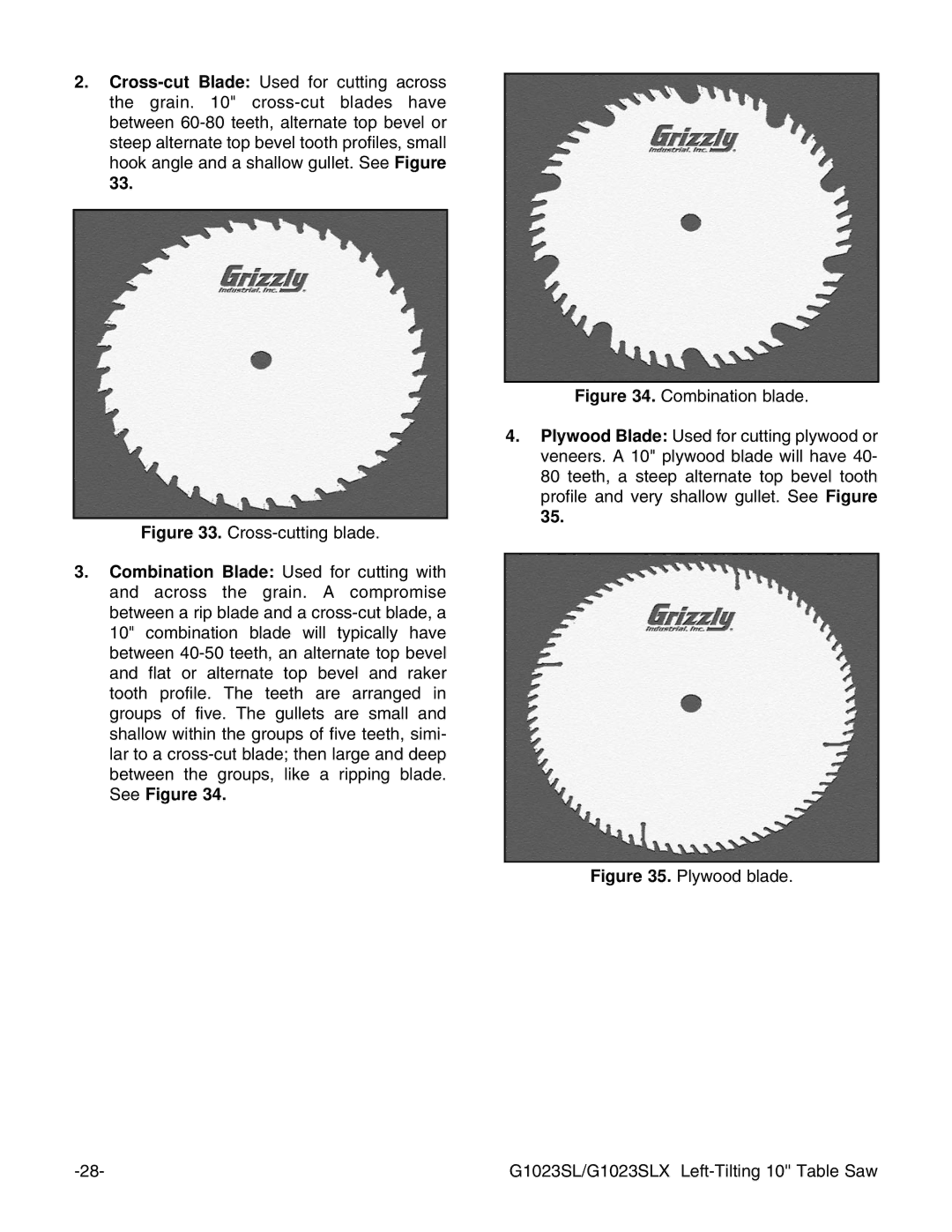 Grizzly G1023SLWX instruction manual Plywood blade G1023SL/G1023SLX Left-Tilting 10 Table Saw 