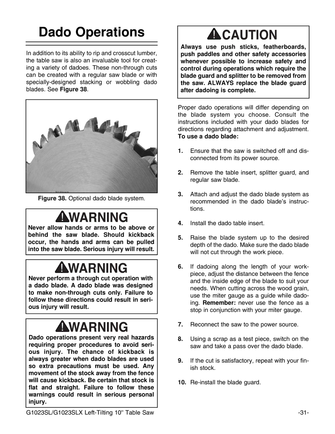 Grizzly G1023SLX, G1023SLWX instruction manual Dado Operations, To use a dado blade 