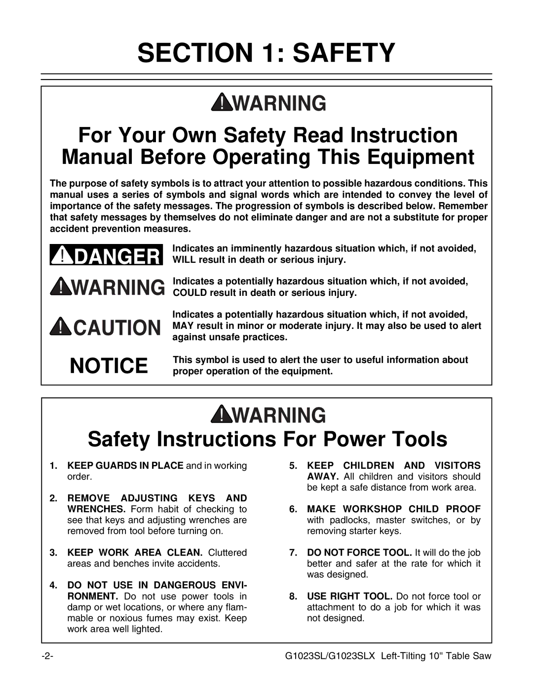 Grizzly G1023SLWX, G1023SLX instruction manual Safety Instructions For Power Tools 