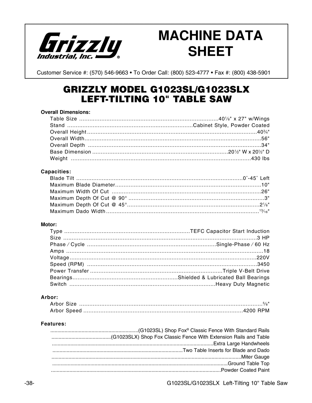 Grizzly G1023SLWX, G1023SLX instruction manual Machine Data Sheet 