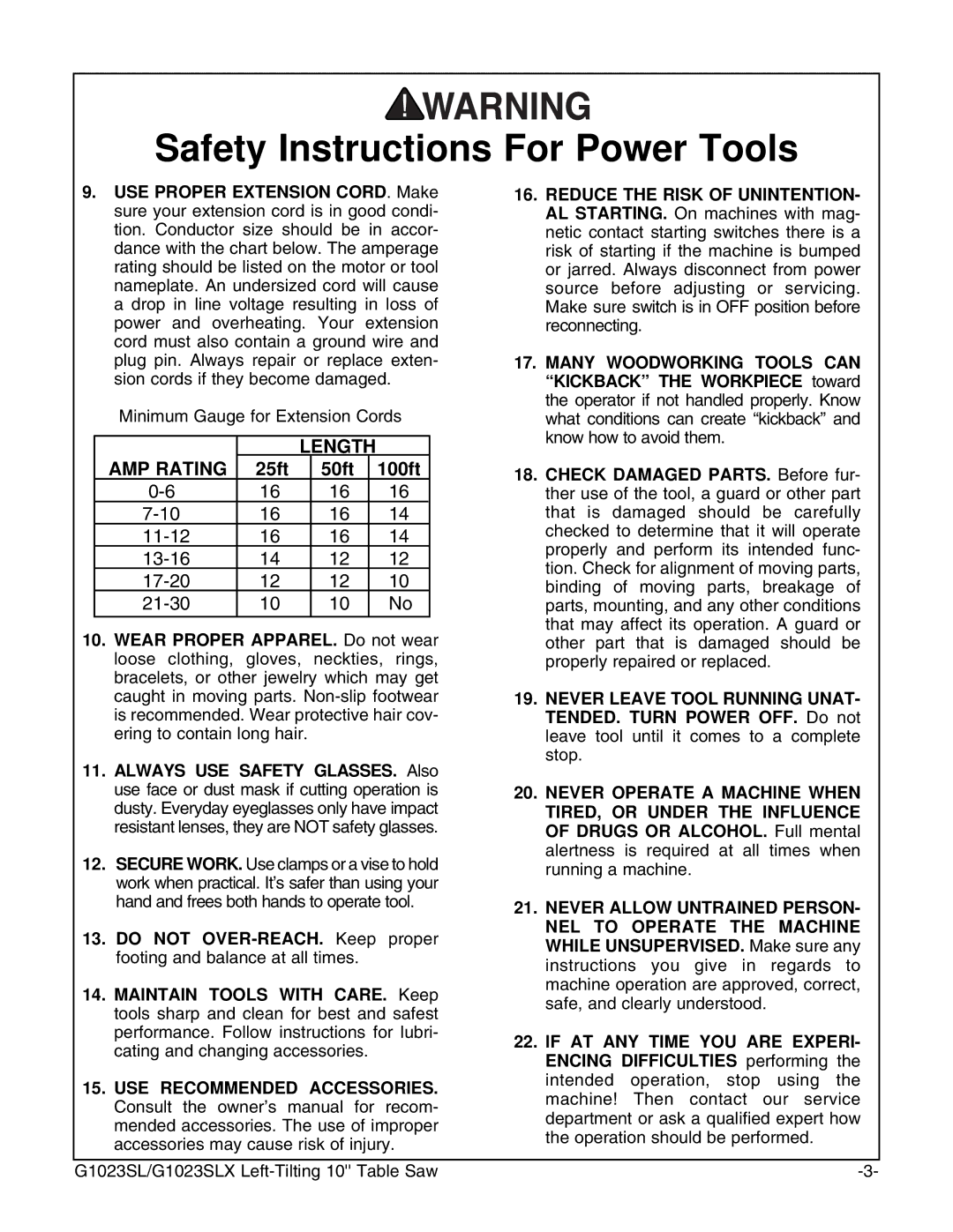 Grizzly G1023SLX, G1023SLWX instruction manual Length AMP Rating 