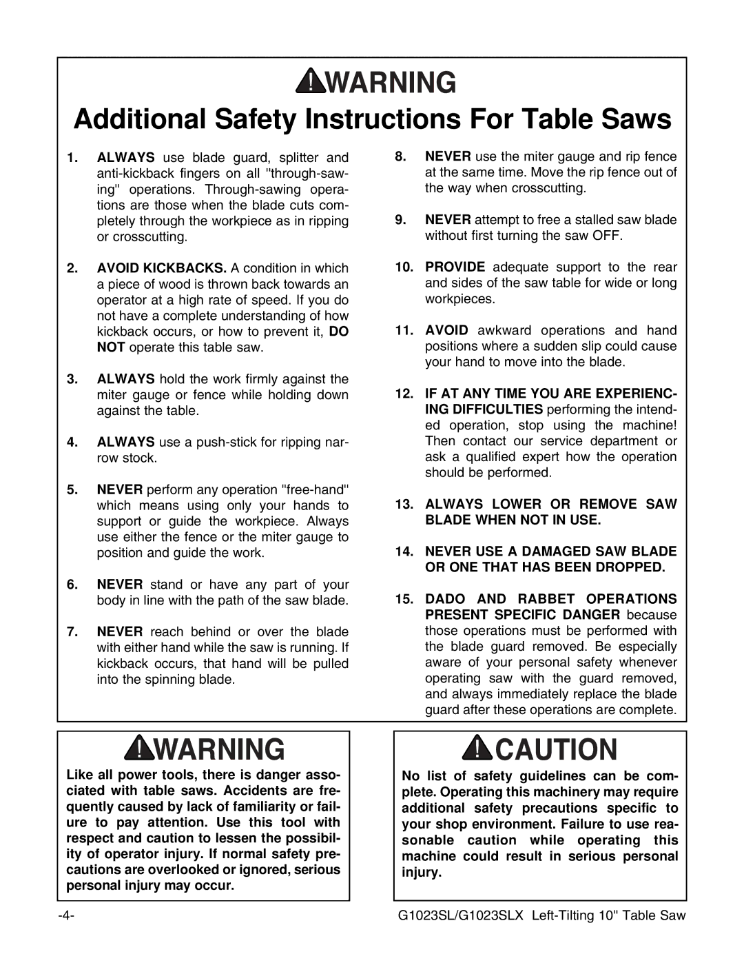 Grizzly G1023SLWX, G1023SLX instruction manual Additional Safety Instructions For Table Saws 