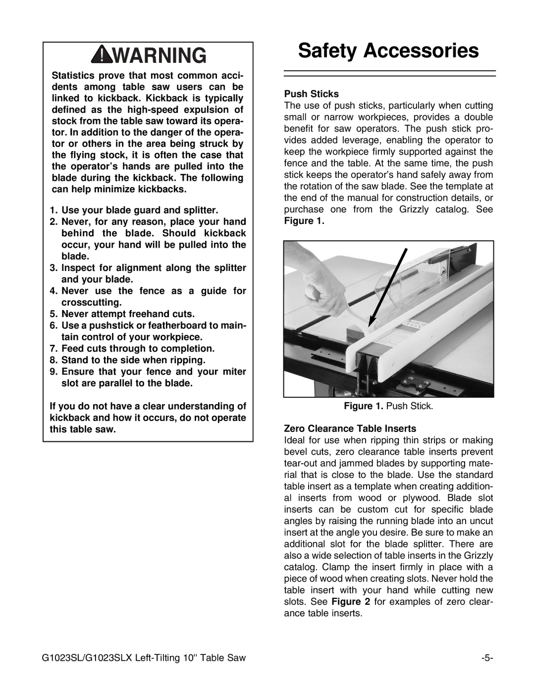 Grizzly G1023SLX, G1023SLWX instruction manual Push Sticks, Zero Clearance Table Inserts 