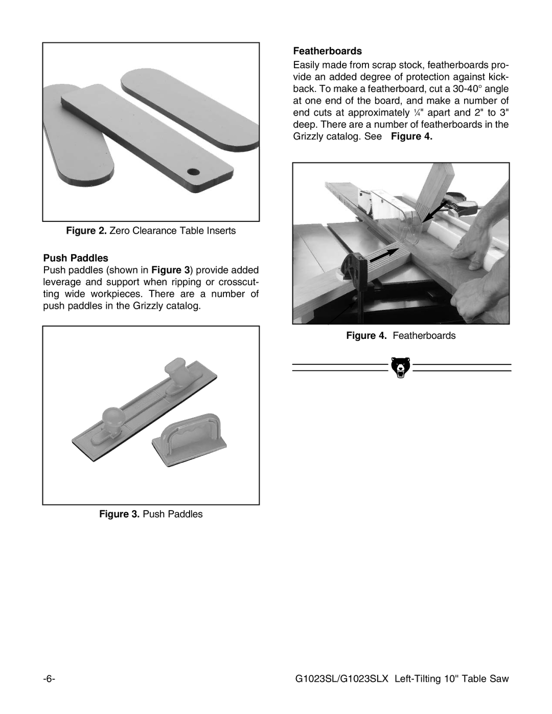 Grizzly G1023SLWX, G1023SLX instruction manual Push Paddles, Featherboards 