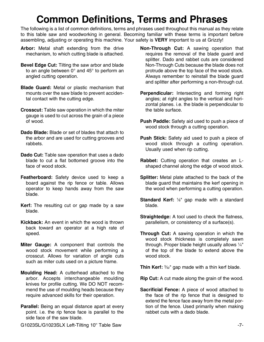 Grizzly G1023SLX, G1023SLWX instruction manual Common Definitions, Terms and Phrases 