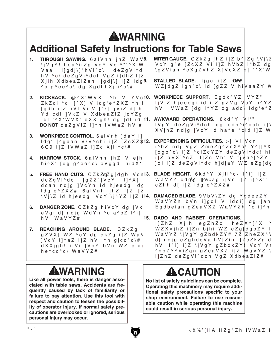 Grizzly G1023SLWX3 manual Dditional 3AFETY Nstructions for 4ABLE 3AWS 