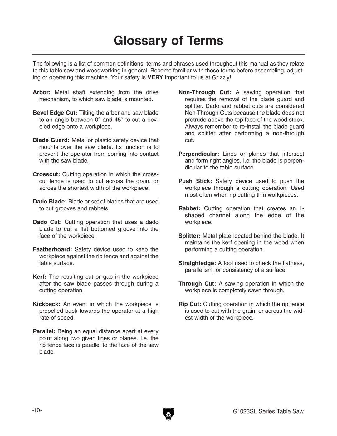 Grizzly G1023SLWX3 manual Lossary OFF4ERMS 