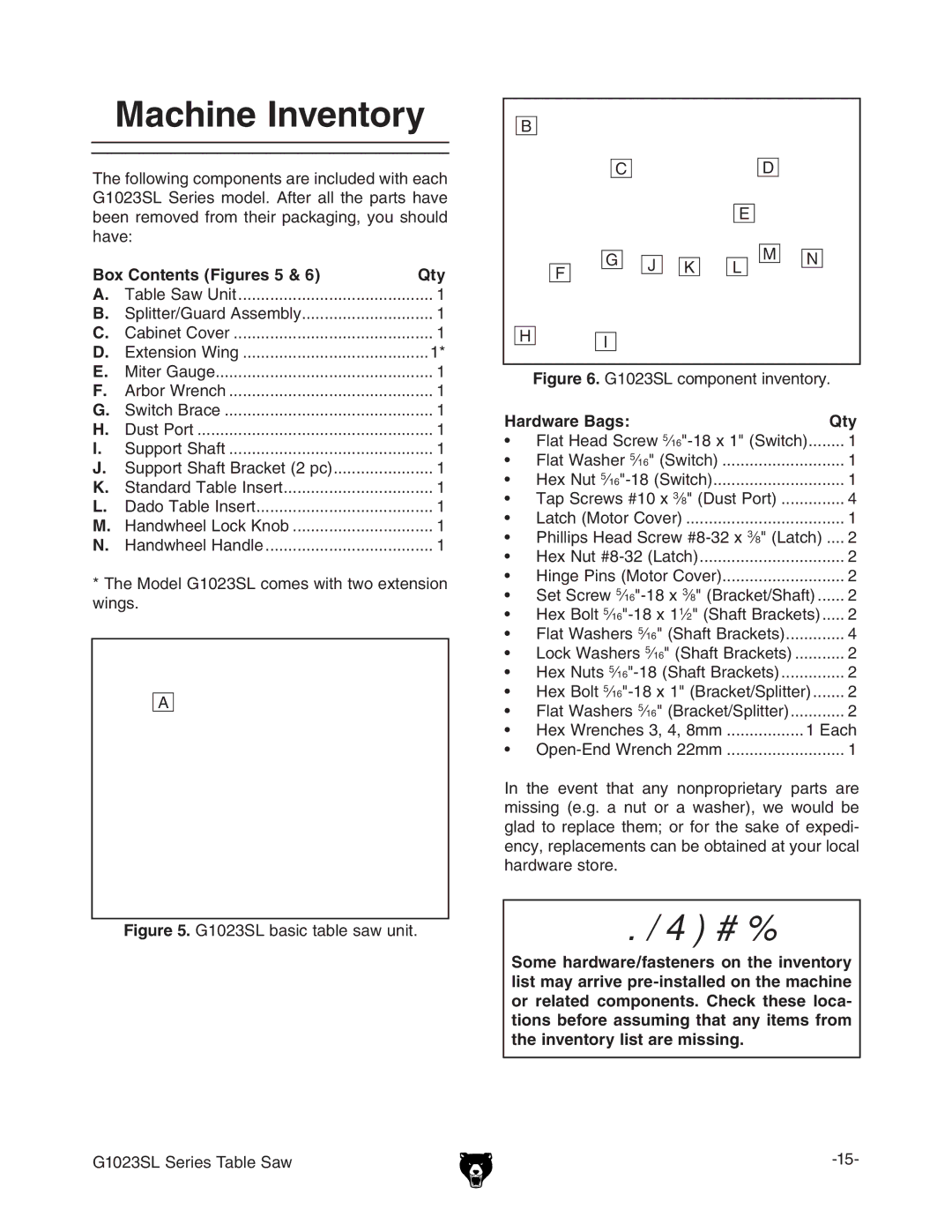 Grizzly G1023SLWX3 manual Achine Nventory, Oxx#Ontents &Iguress, Ardware AGS 