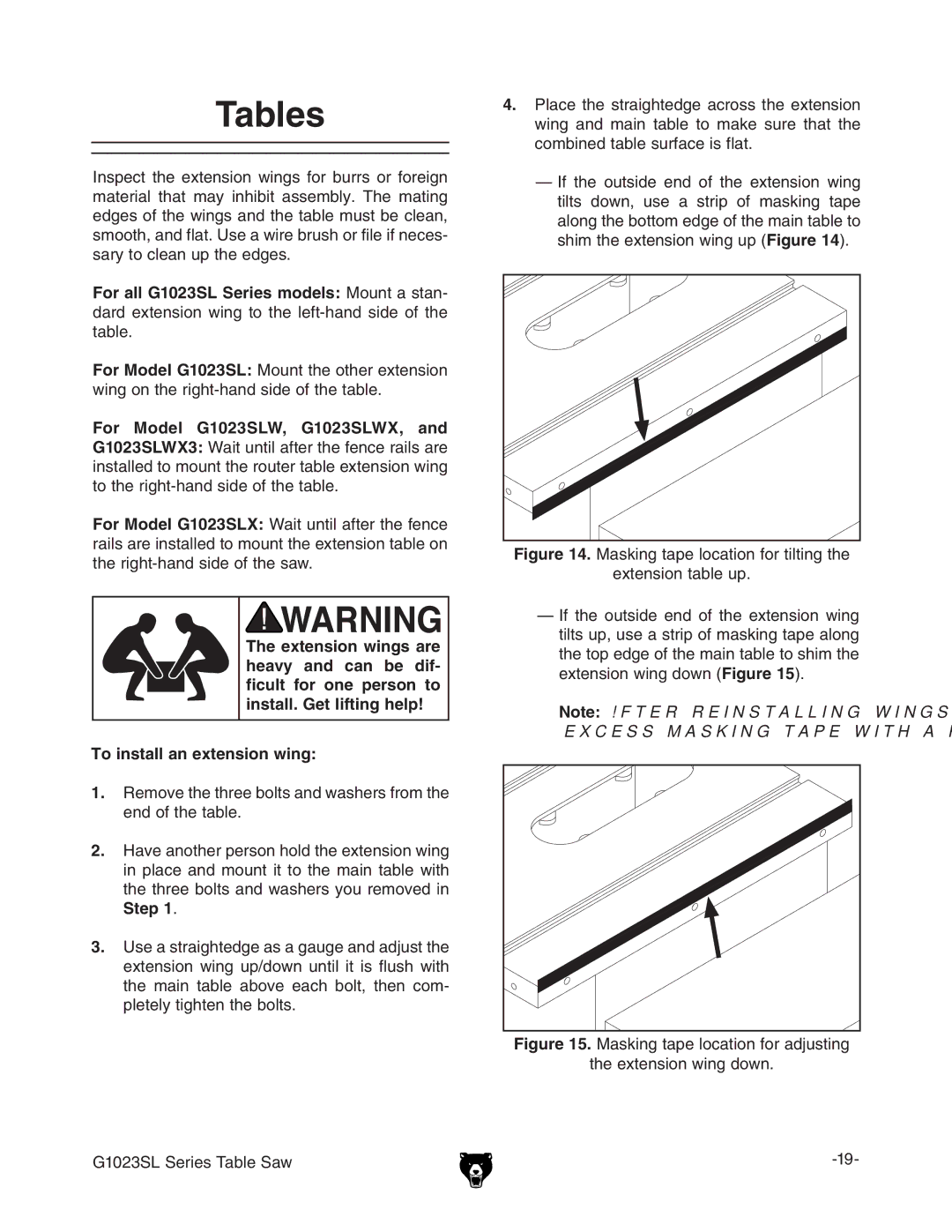 Grizzly G1023SLWX3 manual 4ABLES, 4O Installtan EXTENSIONNWING, XdbWcZYiVWaZhjgVXZhaVi#, ZmiZchdciVWaZje# 