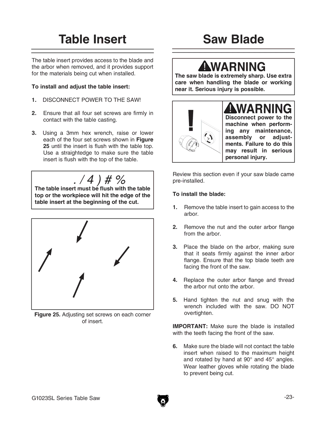 Grizzly G1023SLWX3 manual 4ABLE Nsert, 3AWWLADE, 4O Installtandnadjust THEHTABLEBINSERT, 4O INSTALLTTHEHBLADE 