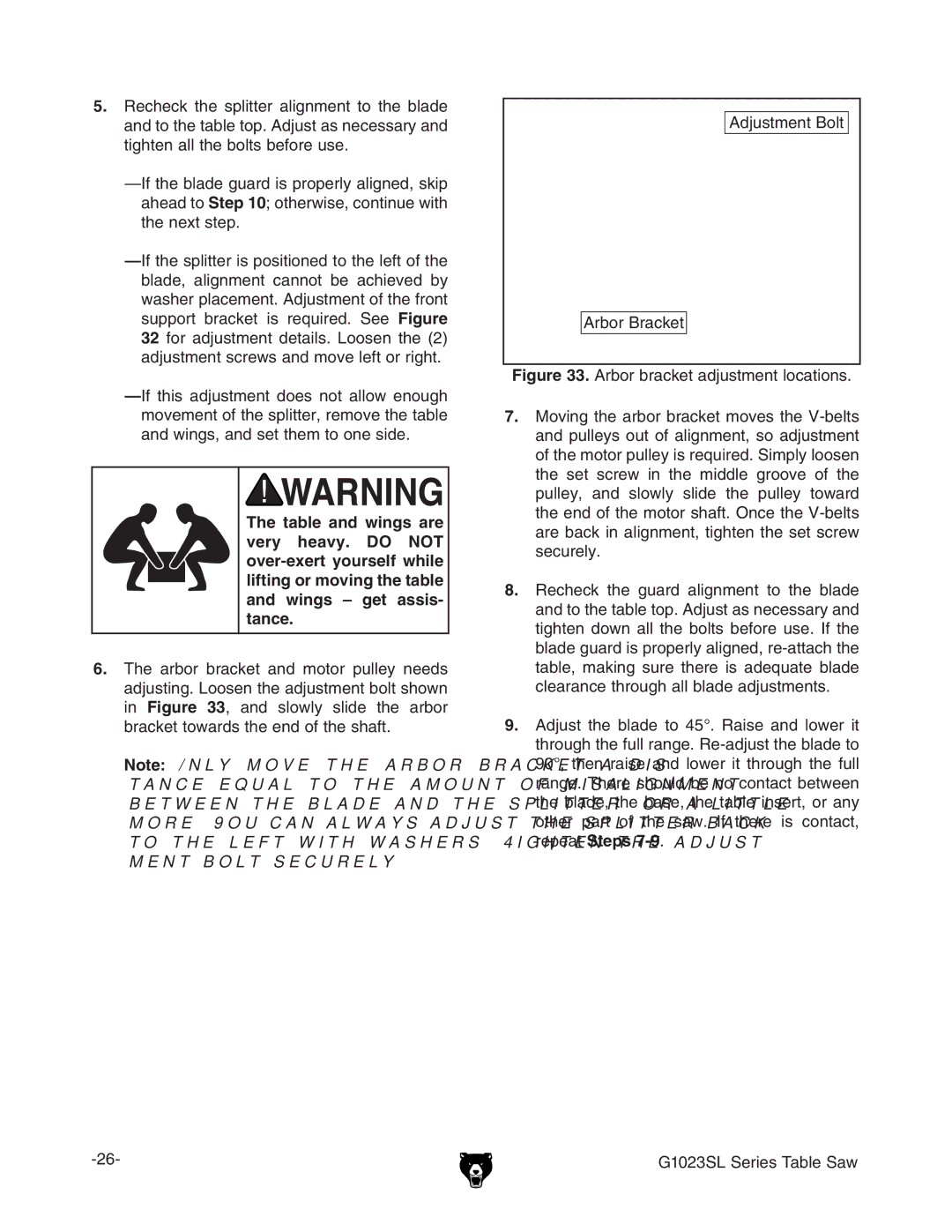 Grizzly G1023SLWX3 manual Tance 