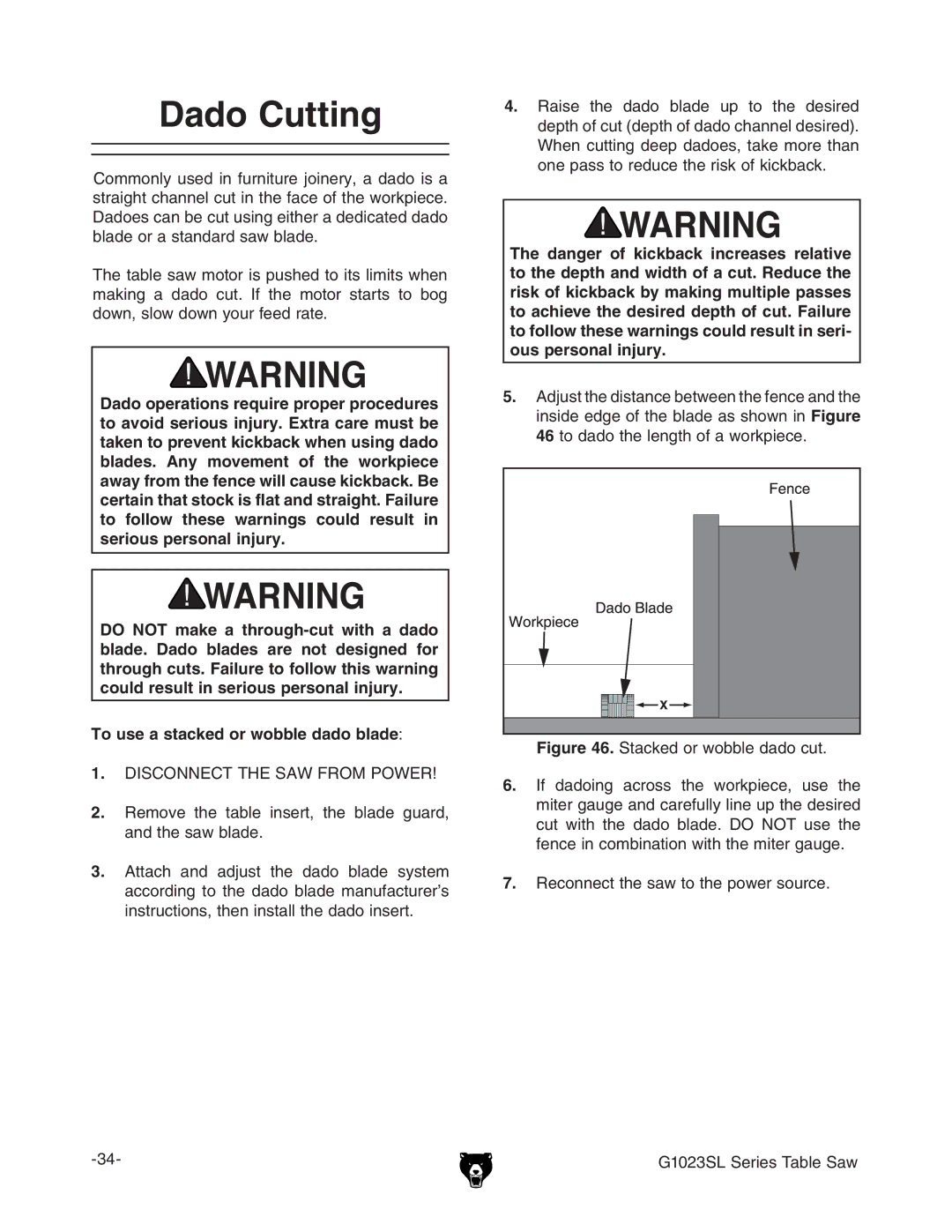 Grizzly G1023SLWX3 manual $Ado #Utting, 4O Usesaastackedcor Wobble Dado Blade,  GZXdccZXiiZhVlidiZedlZghdjgXZ# 