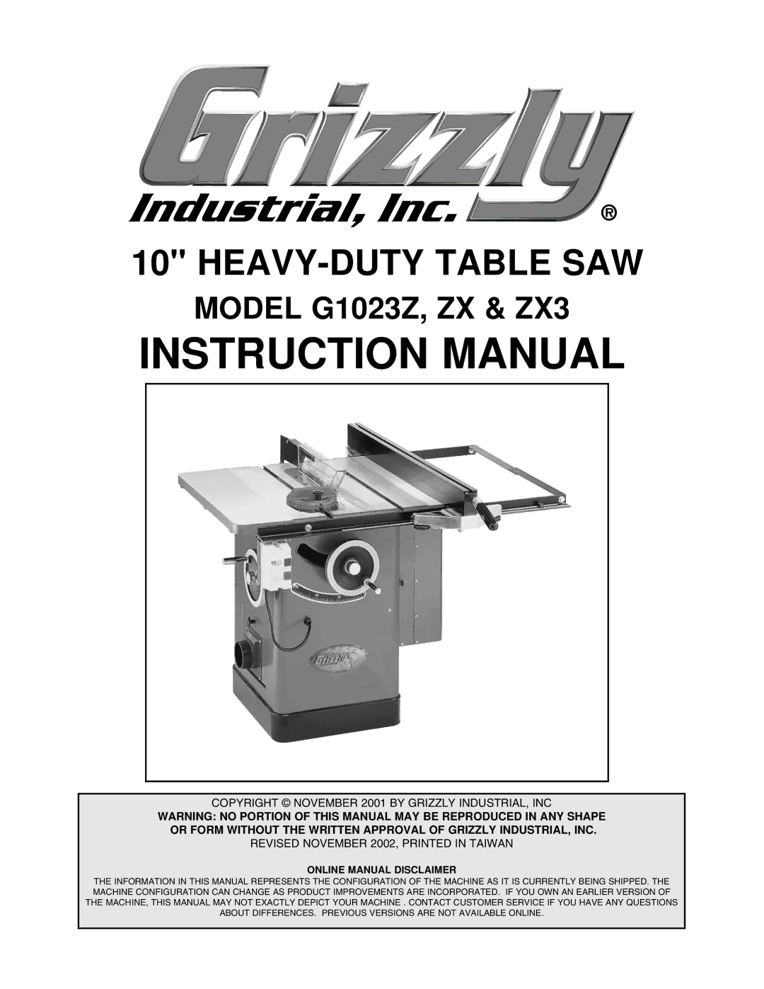 Grizzly G1023ZX3 instruction manual HEAVY-DUTY Table SAW, Model G1023Z, ZX & ZX3 