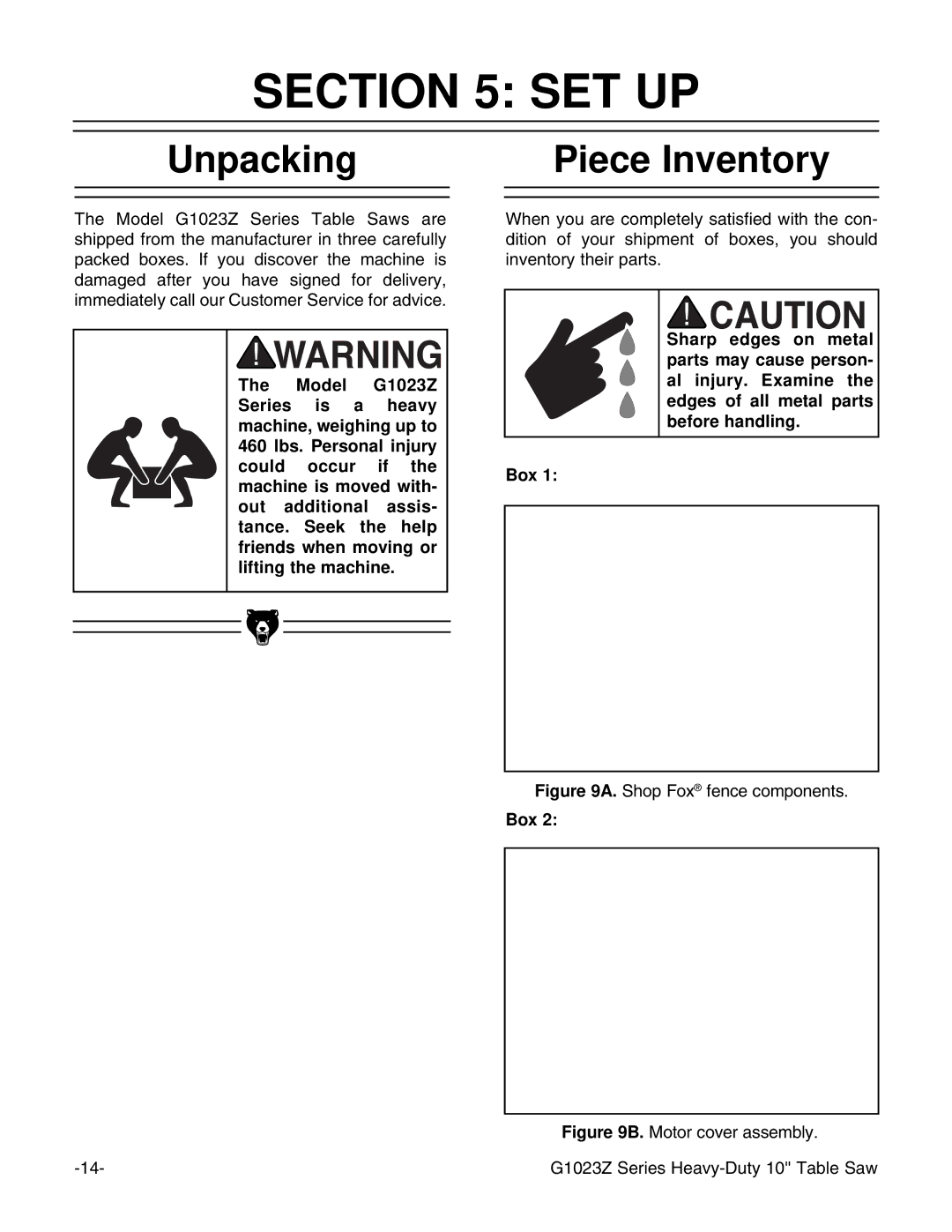 Grizzly G1023ZX3 instruction manual Set Up, Unpacking Piece Inventory 