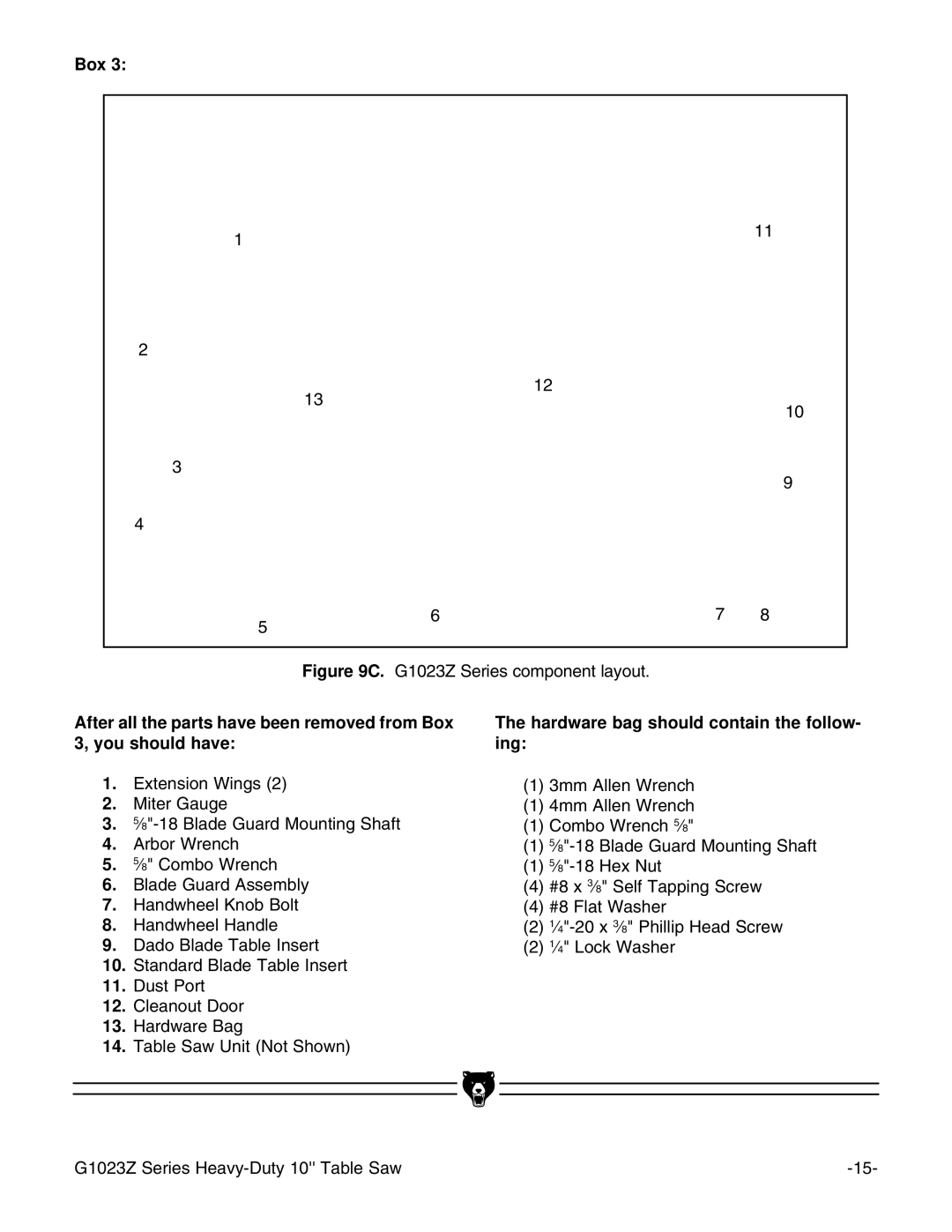 Grizzly G1023ZX3 instruction manual G1023Z Series component layout 