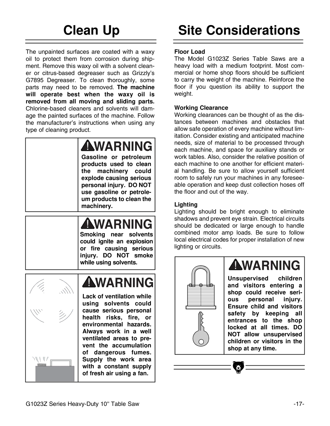 Grizzly G1023ZX3 instruction manual Clean Up, Site Considerations, Floor Load, Working Clearance, Lighting 