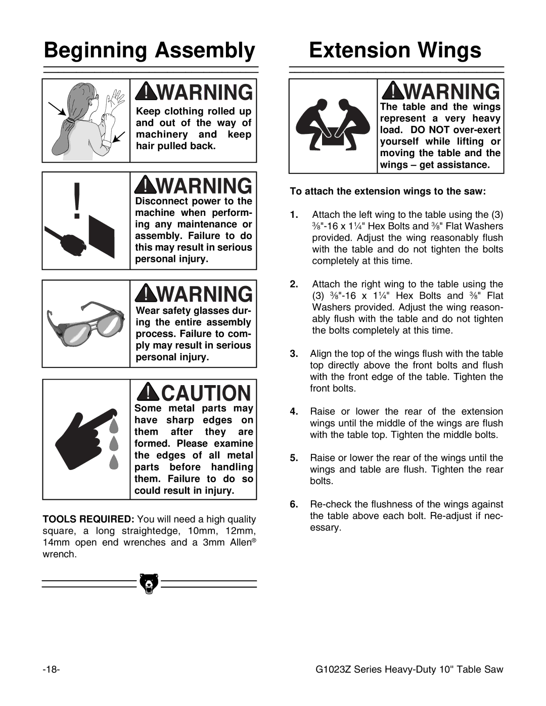 Grizzly G1023ZX3 instruction manual Beginning Assembly Extension Wings 