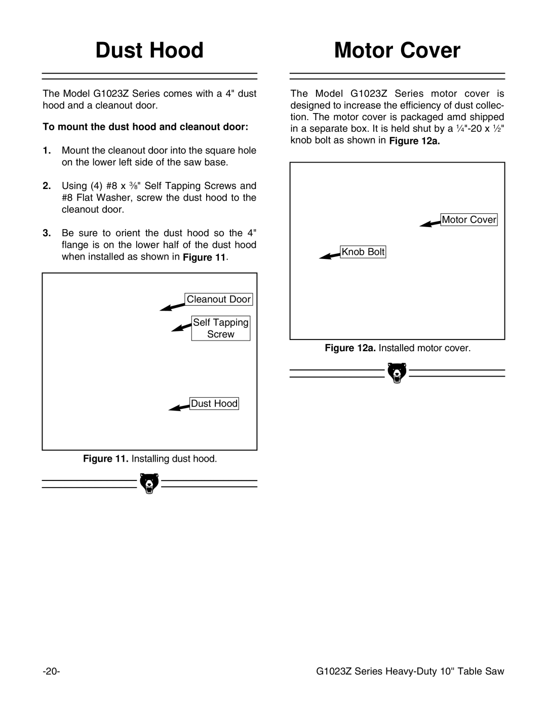 Grizzly G1023ZX3 instruction manual Dust Hood Motor Cover, To mount the dust hood and cleanout door 