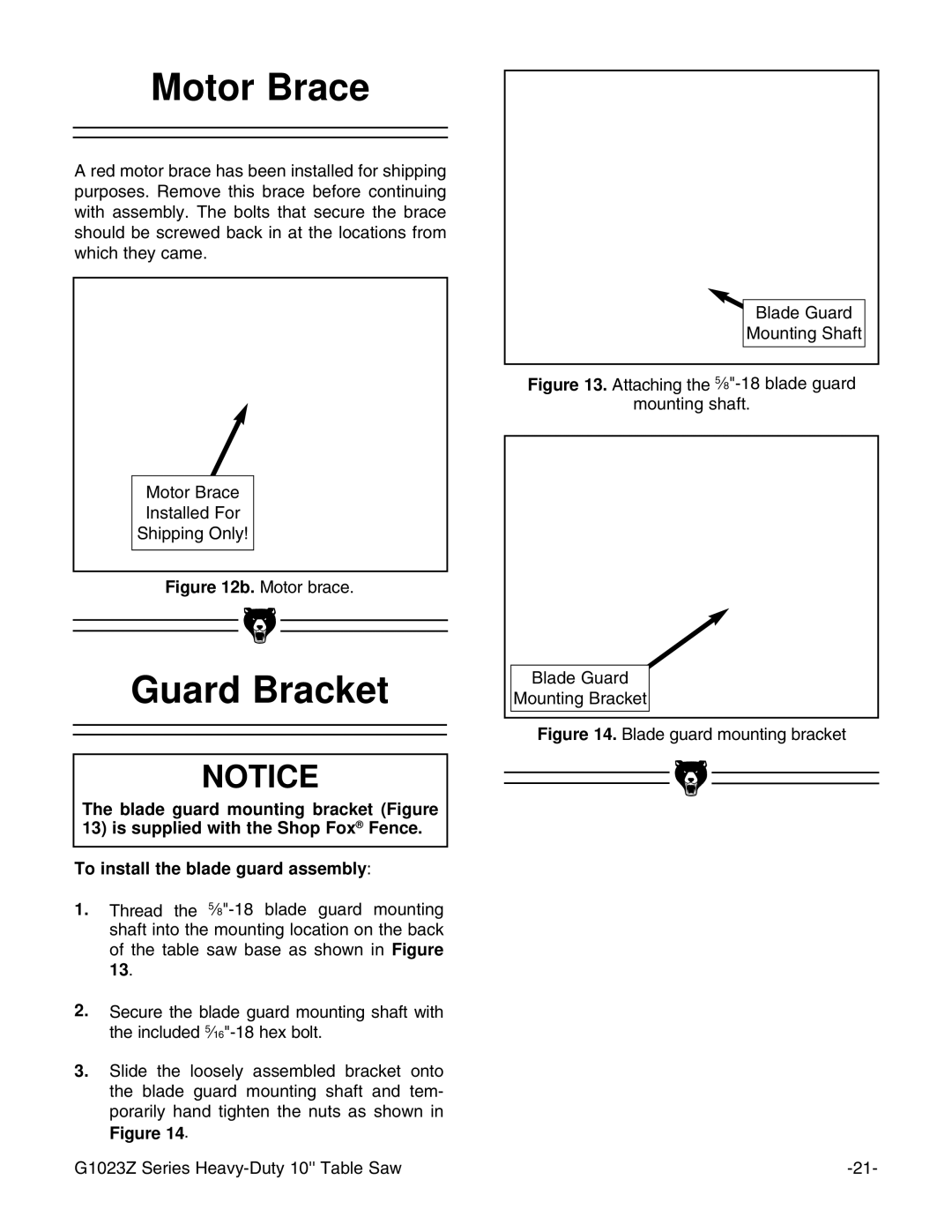 Grizzly G1023ZX3 instruction manual Motor Brace, Guard Bracket 