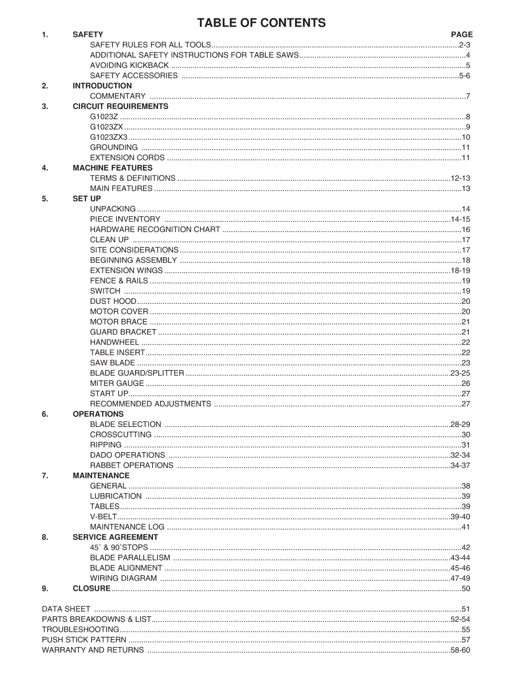 Grizzly G1023ZX3 instruction manual Table of Contents 