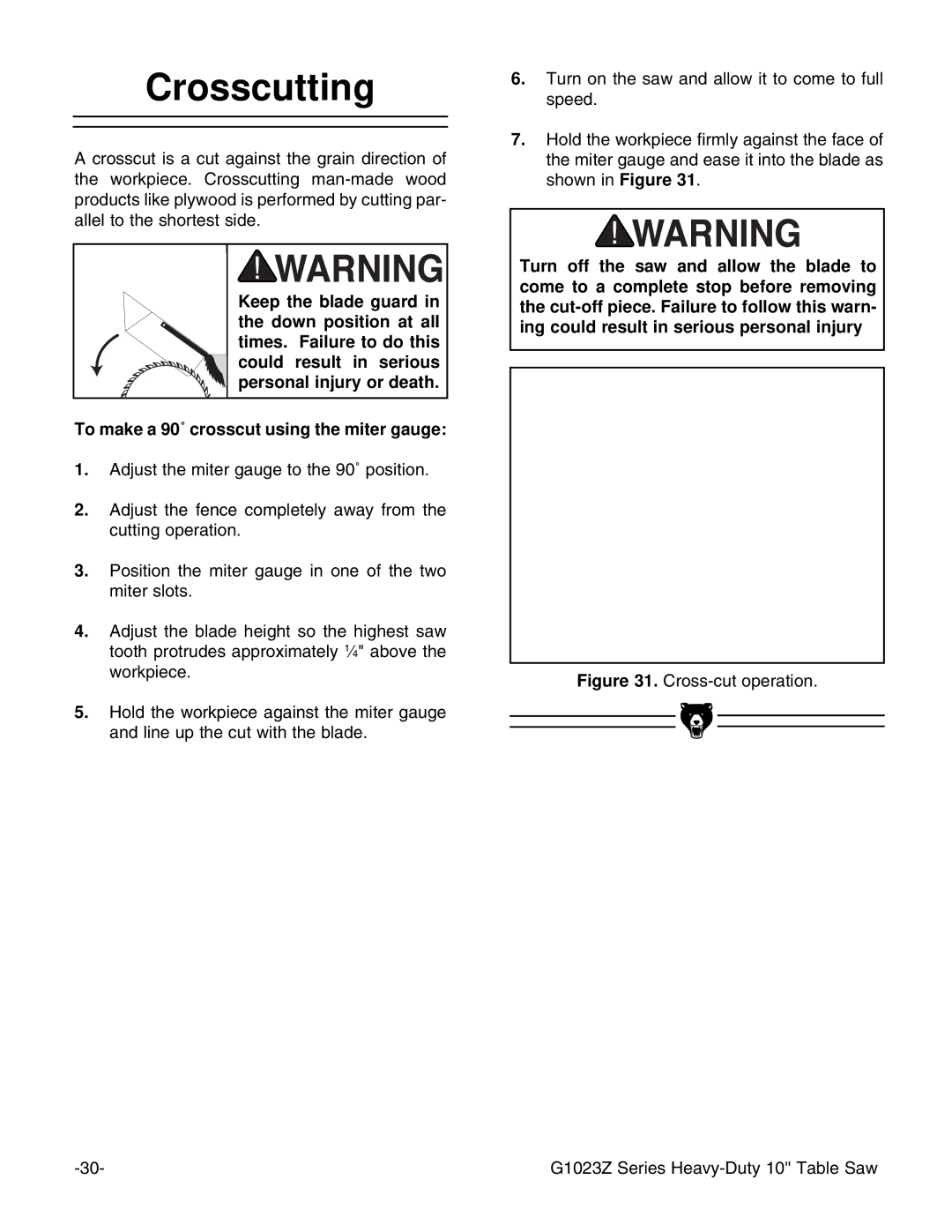 Grizzly G1023ZX3 instruction manual Crosscutting, Cross-cut operation G1023Z Series Heavy-Duty 10 Table Saw 