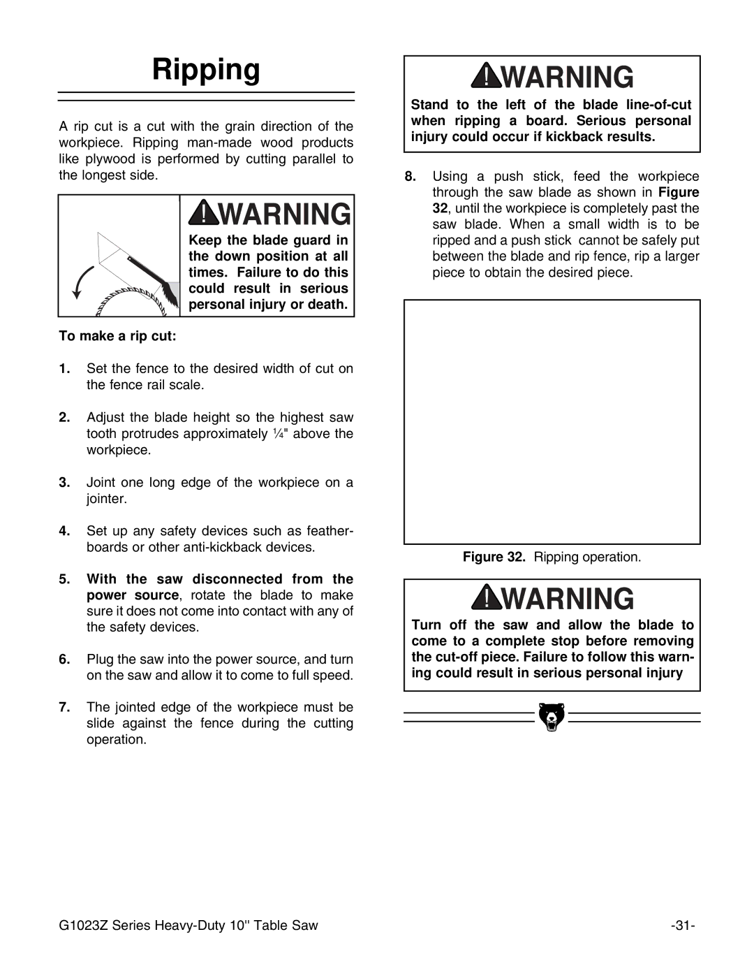 Grizzly G1023ZX3 instruction manual Ripping operation 