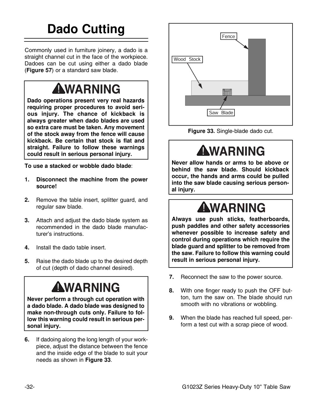 Grizzly G1023ZX3 instruction manual Dado Cutting, Single-blade dado cut 