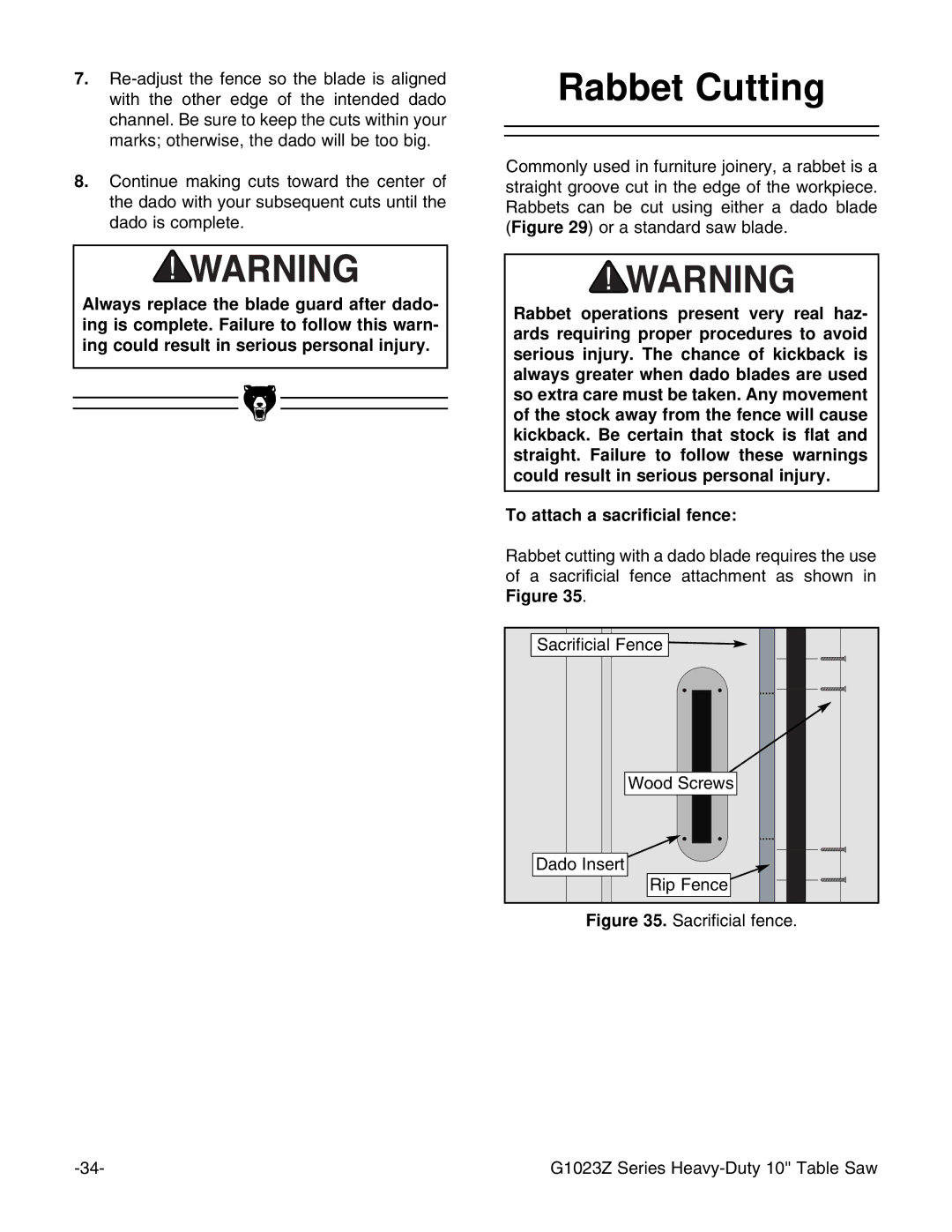 Grizzly G1023ZX3 instruction manual Rabbet Cutting, Sacrificial fence G1023Z Series Heavy-Duty 10 Table Saw 