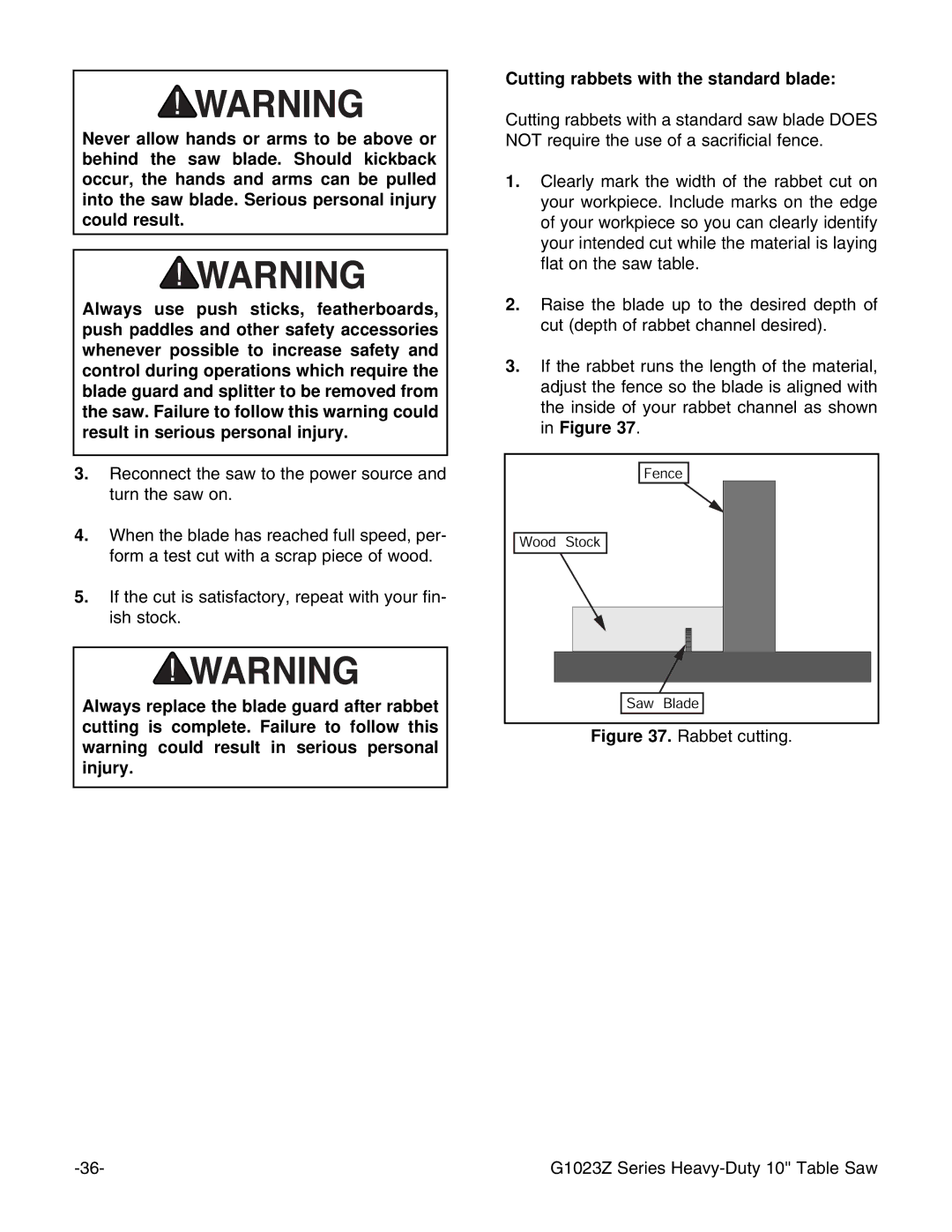 Grizzly G1023ZX3 instruction manual Cutting rabbets with the standard blade 