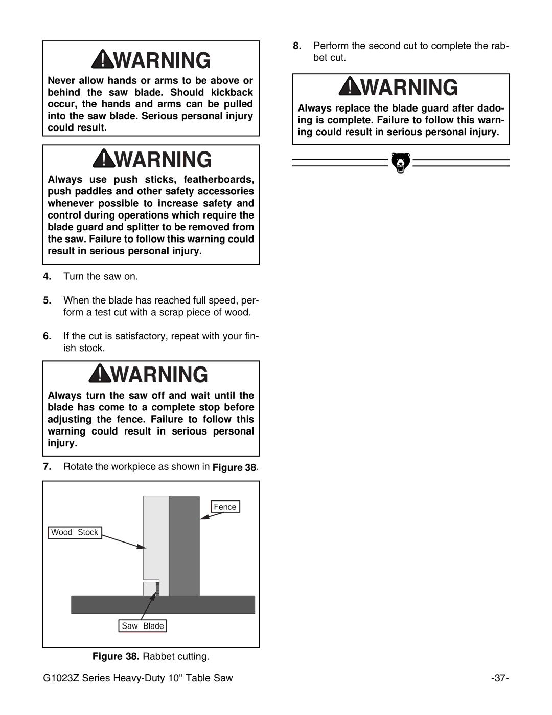 Grizzly G1023ZX3 instruction manual Rabbet cutting G1023Z Series Heavy-Duty 10 Table Saw 