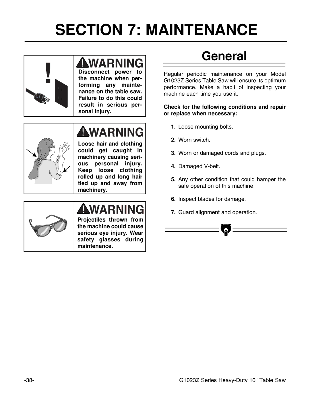 Grizzly G1023ZX3 instruction manual Maintenance, General 