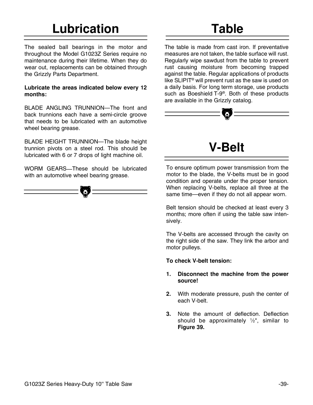 Grizzly G1023ZX3 instruction manual LubricationTable, Belt, Lubricate the areas indicated below every 12 months 