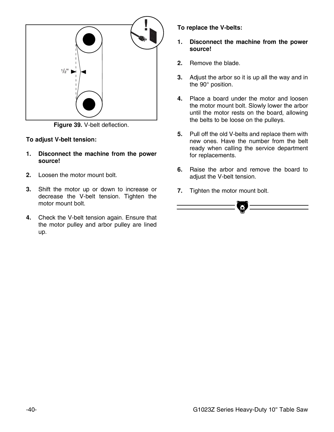 Grizzly G1023ZX3 instruction manual Belt deflection 