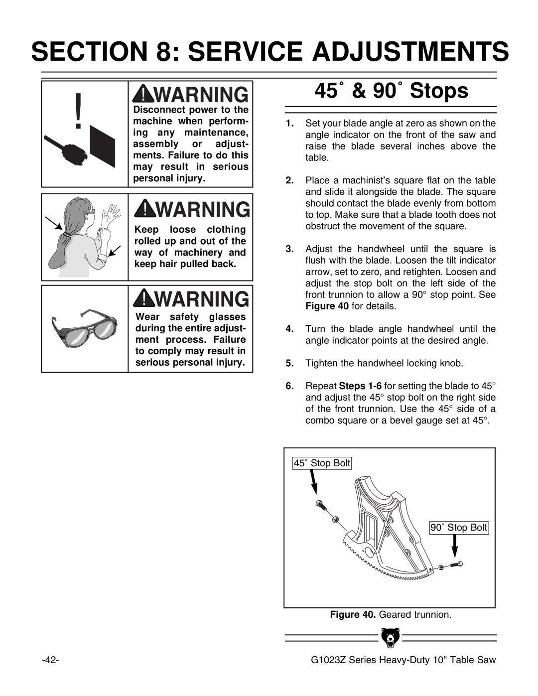 Grizzly G1023ZX3 instruction manual Service Adjustments, 45˚ & 90˚ Stops 