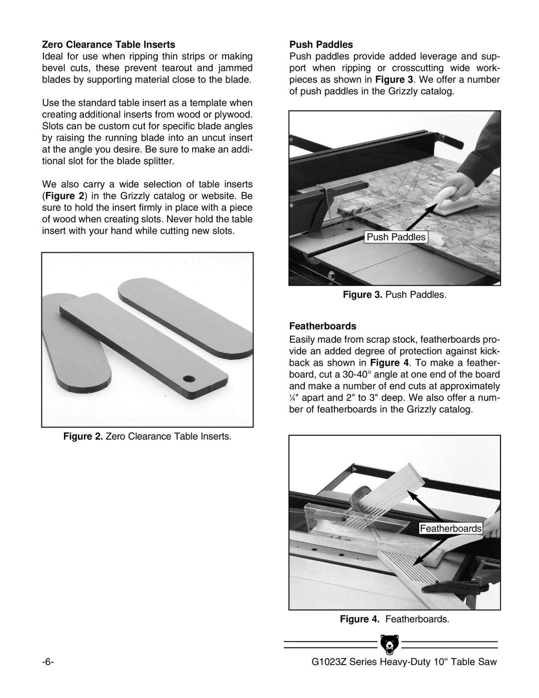 Grizzly G1023ZX3 instruction manual Zero Clearance Table Inserts, Push Paddles, Featherboards 