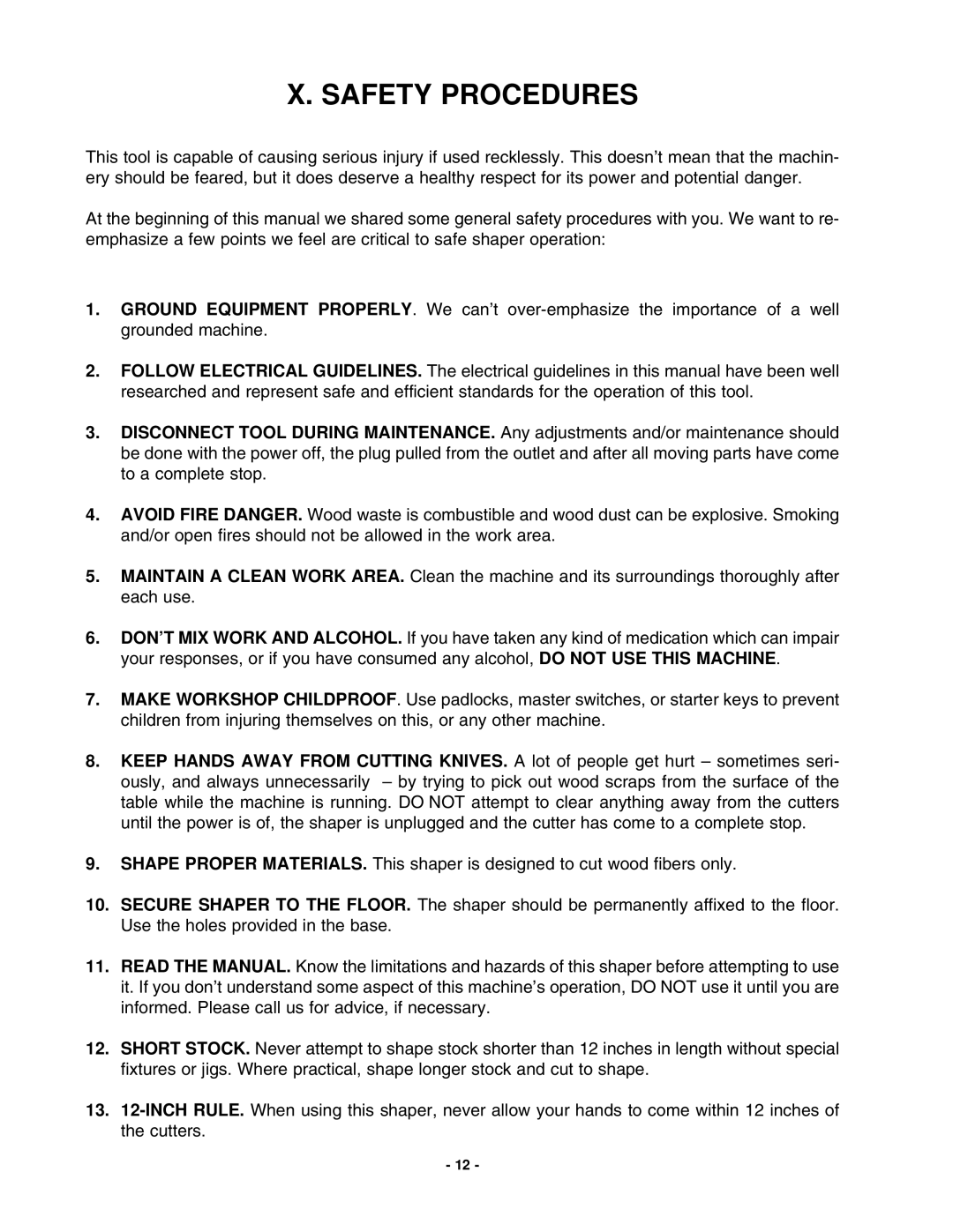 Grizzly G1024 instruction manual Safety Procedures 