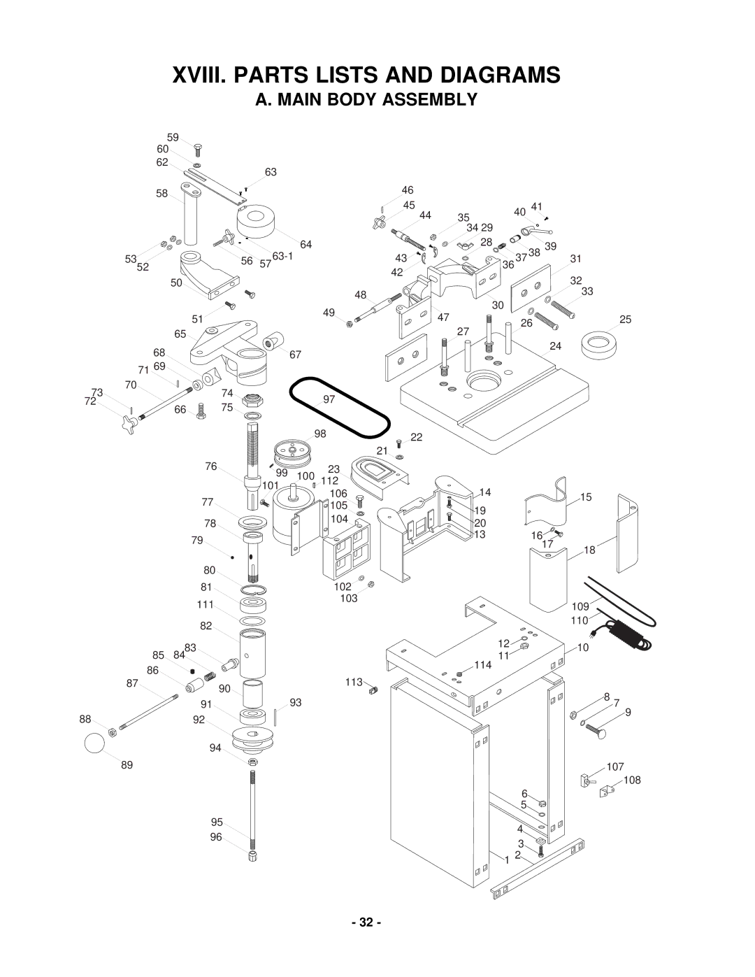 Grizzly G1024 instruction manual XVIII. Parts Lists and Diagrams, Main Body Assembly 