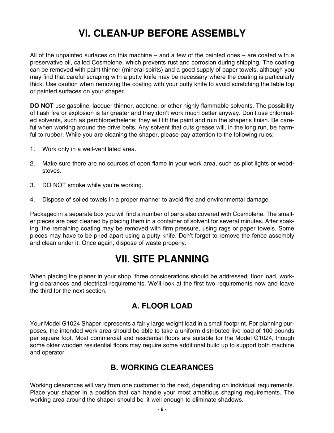 Grizzly G1024 instruction manual VI. CLEAN-UP Before Assembly, VII. Site Planning, Floor Load, Working Clearances 