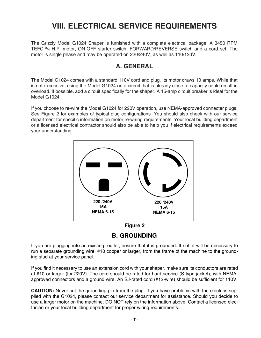 Grizzly G1024 instruction manual VIII. Electrical Service Requirements, Grounding 