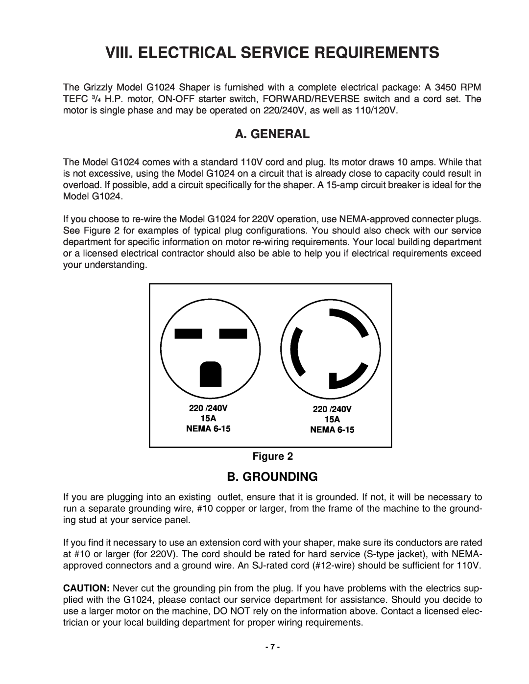 Grizzly G1024 instruction manual Viii. Electrical Service Requirements, B. Grounding, A. General 