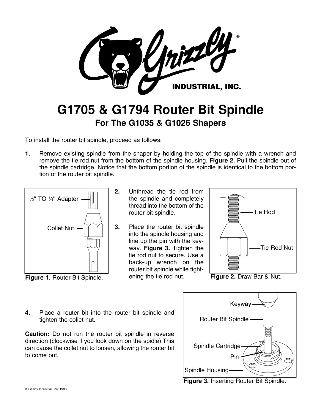 Grizzly manual G1705 & G1794 Router Bit Spindle, For The G1035 & G1026 Shapers 