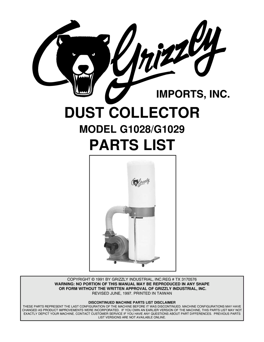 Grizzly G1028 manual Dust Collector, DIS Machine Parts List Disclaimer 