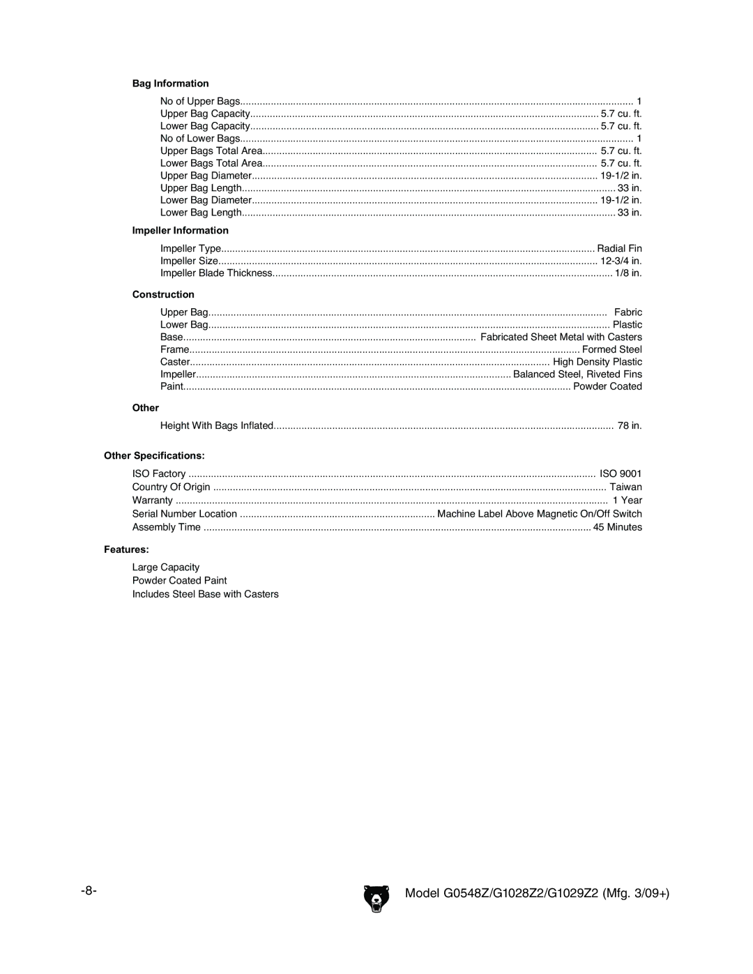 Grizzly G1029Z2, G1028Z2, G0548Z owner manual Fabric 