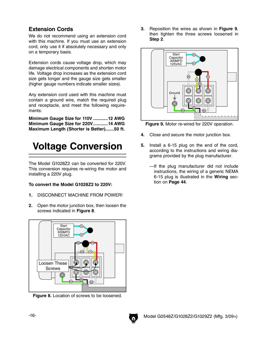 Grizzly G1029Z2, G0548Z owner manual Voltage Conversion, Extension Cords, 50 ft, To convert the Model G1028Z2 to 