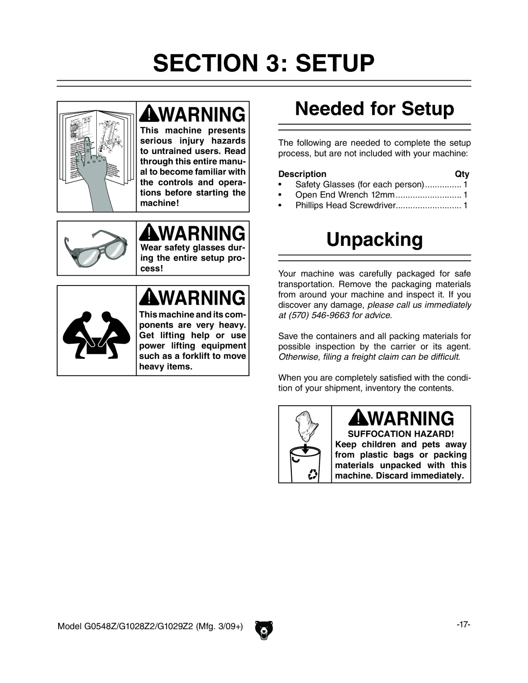 Grizzly G1029Z2 Needed for Setup, Unpacking, Wear safety glasses dur- ing the entire setup pro- cess, Description Qty 