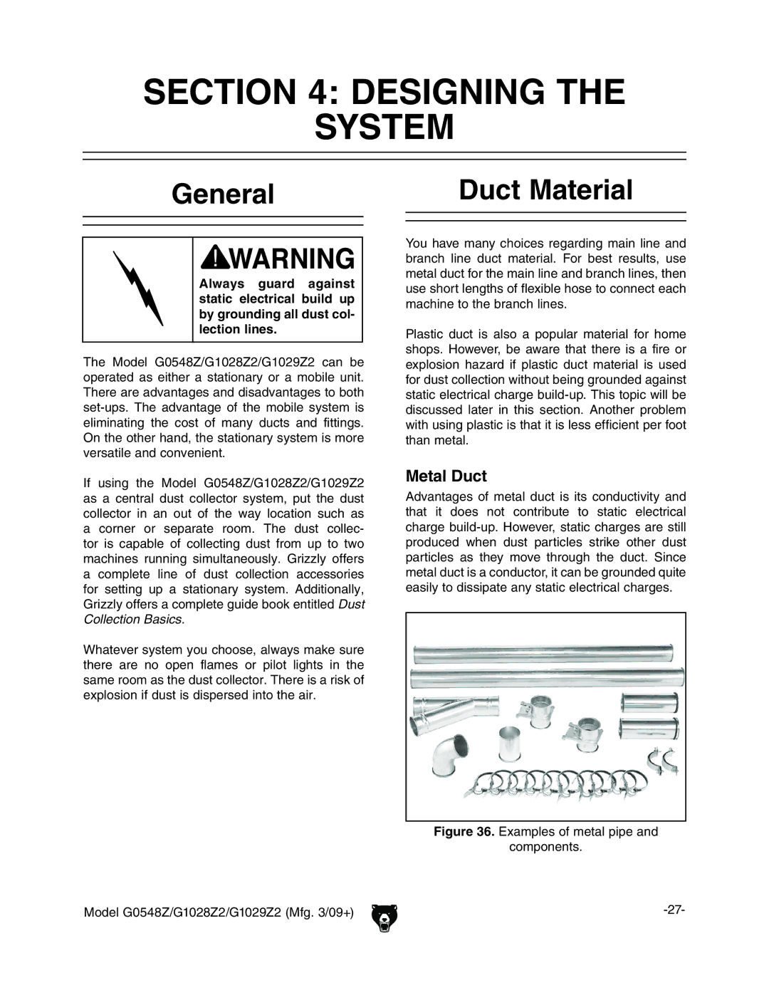 Grizzly G0548Z, G1028Z2, G1029Z2 owner manual Designing System, General Duct Material, Metal Duct 