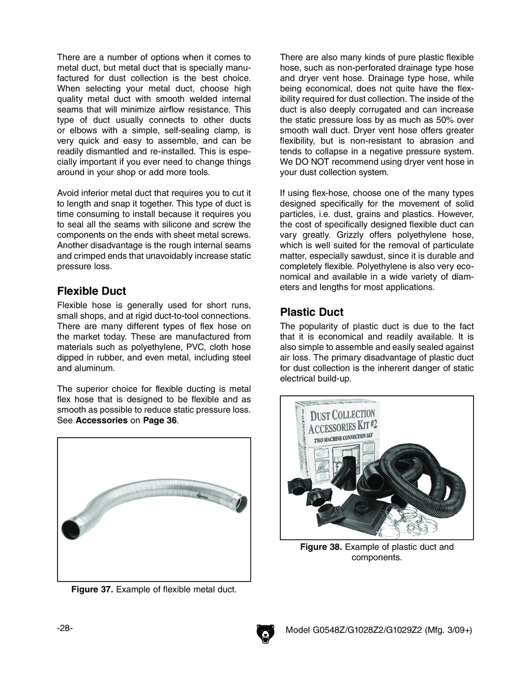 Grizzly G1028Z2, G1029Z2, G0548Z owner manual Flexible Duct, Plastic Duct 