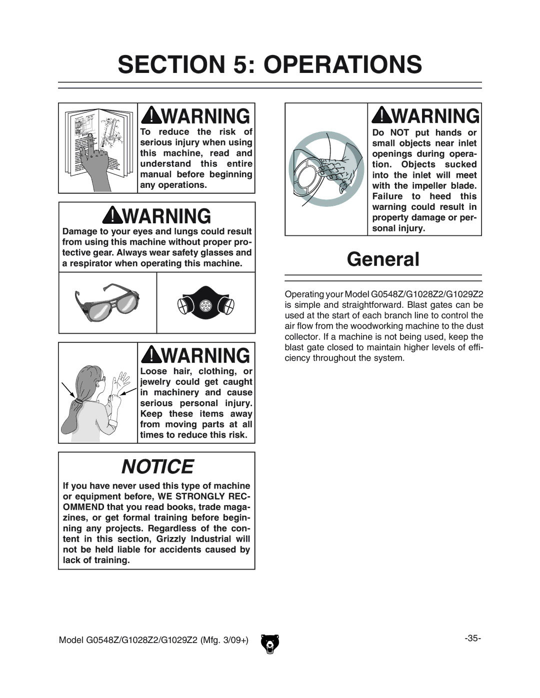 Grizzly G1029Z2, G1028Z2, G0548Z owner manual Operations, General 